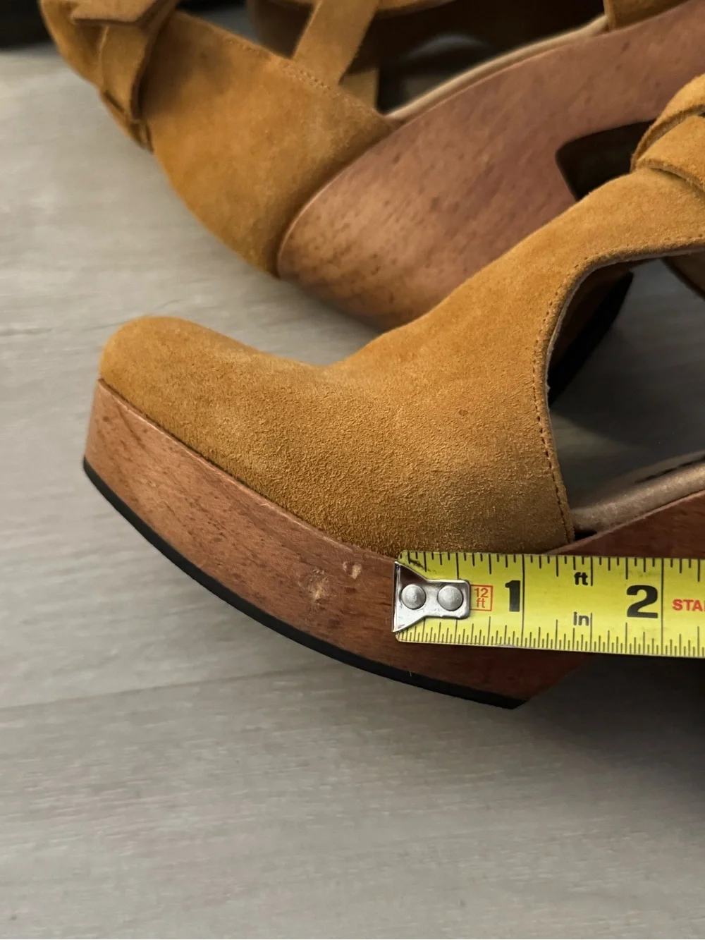 Free People Cedar Clogs, featuring tan suede with a chunky wooden platform heel